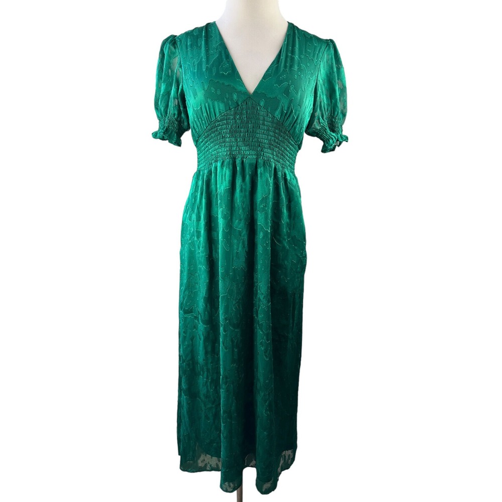 Hutch Empire Smocked Ruffle Short Sleeve Maxi Dress Holiday Green Pockets Size 6 - Picture 3 of 16